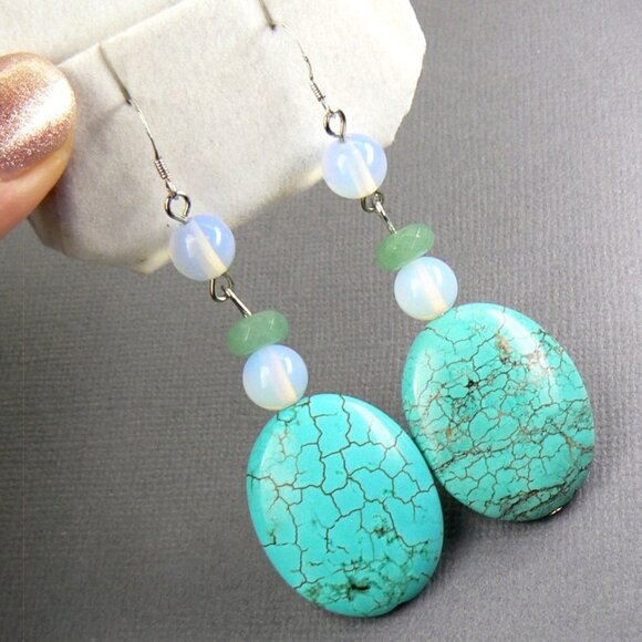 BIG Turquoise Emerald Opalite Silver Earrings - Picture 6 of 6